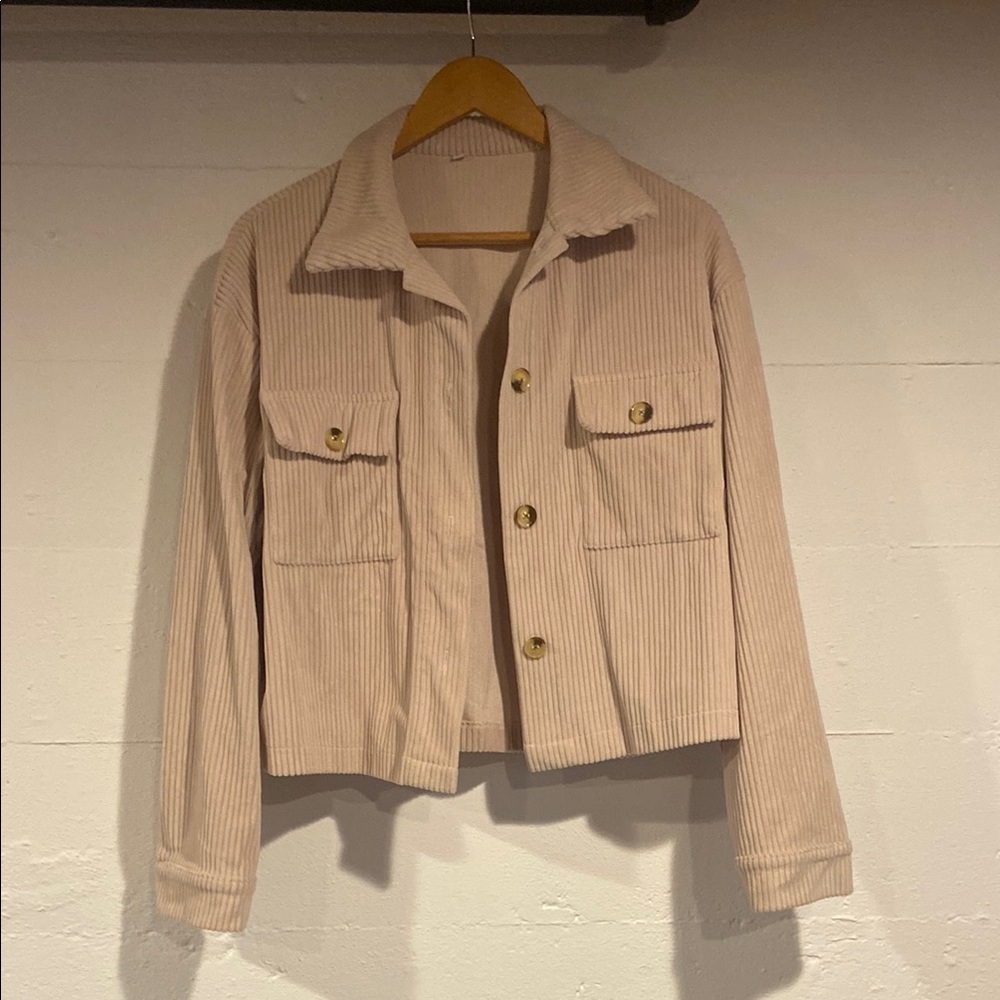Women's Beige Soft Corduroy-Like Cropped Jacket